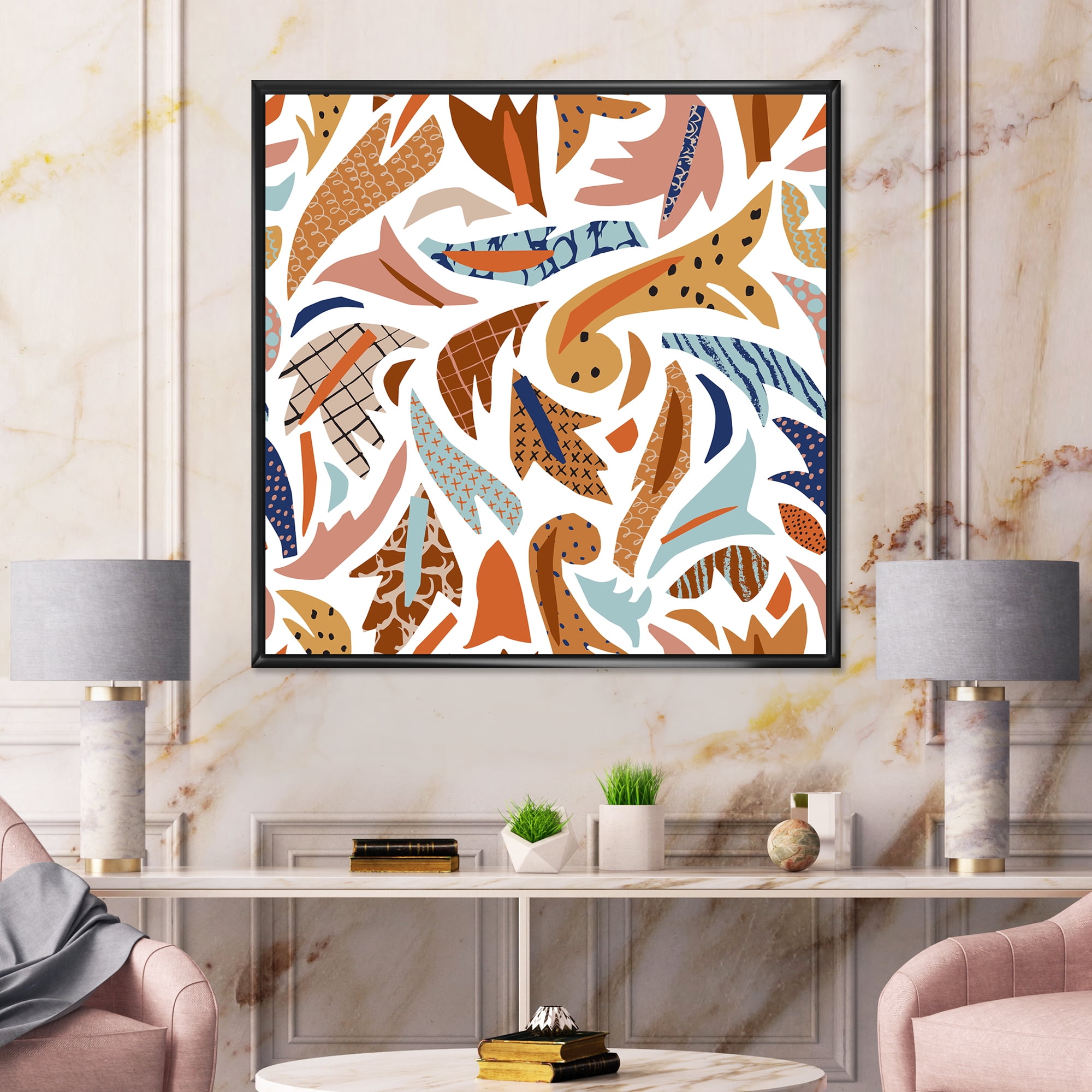 Designart 'Baroque Inspired Stylized Doodles Shapes' Bohemian & Eclectic Framed Canvas Wall Art Print