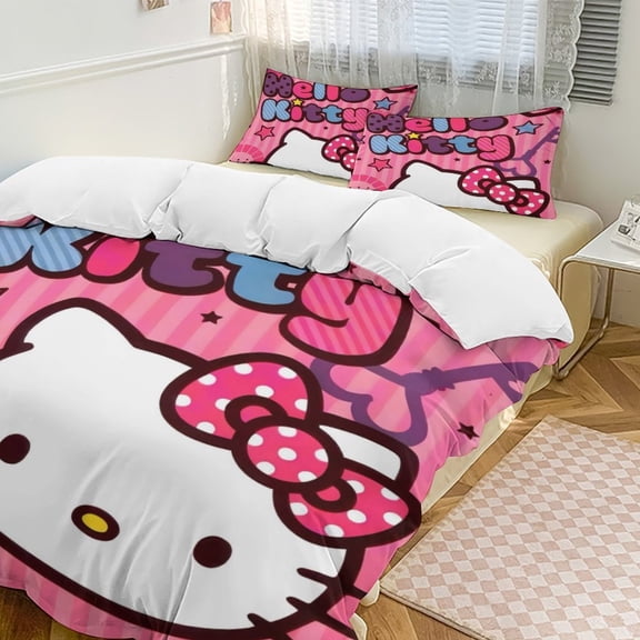 Cartoon Hello Kawaii Cat Bedding Set 3 Piece, 1 Printing Duvet Cover And 2 Pillowcase Comforter Sets Super Soft Set 86"x70"