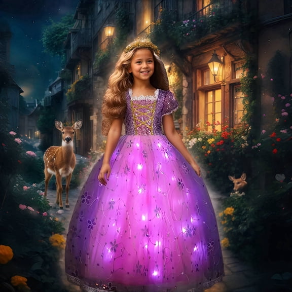 LED Light Up Princess Costume Dress for Girls - Glowing Purple Pink Fairy Tale Ball Gown, Birthday Party Halloween Outfit, Ages 3-12