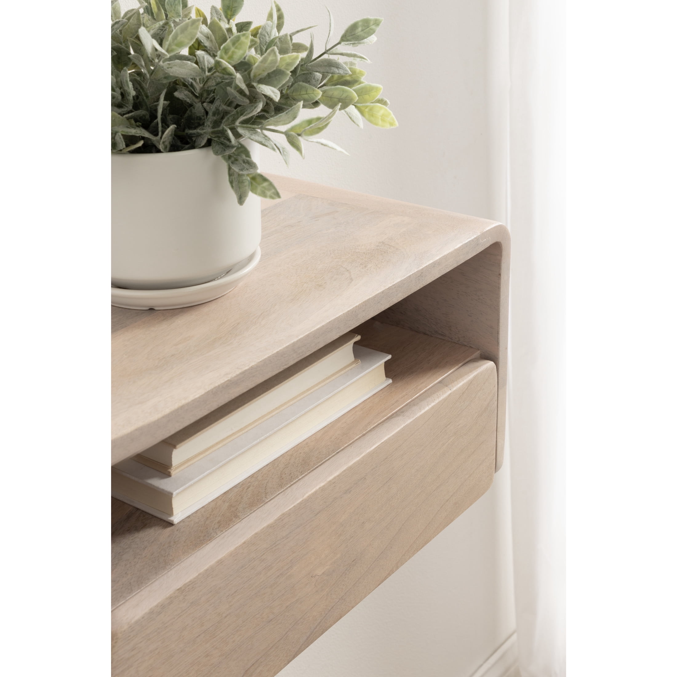 Kate and Laurel Kato Modern Mango Wood Floating Side Table with Drawer, 18 x 10 x 9, Whitewash, Contemporary Wooden Floating Nightstand for Bedroom Bedside Table or Living Room Wall Storage