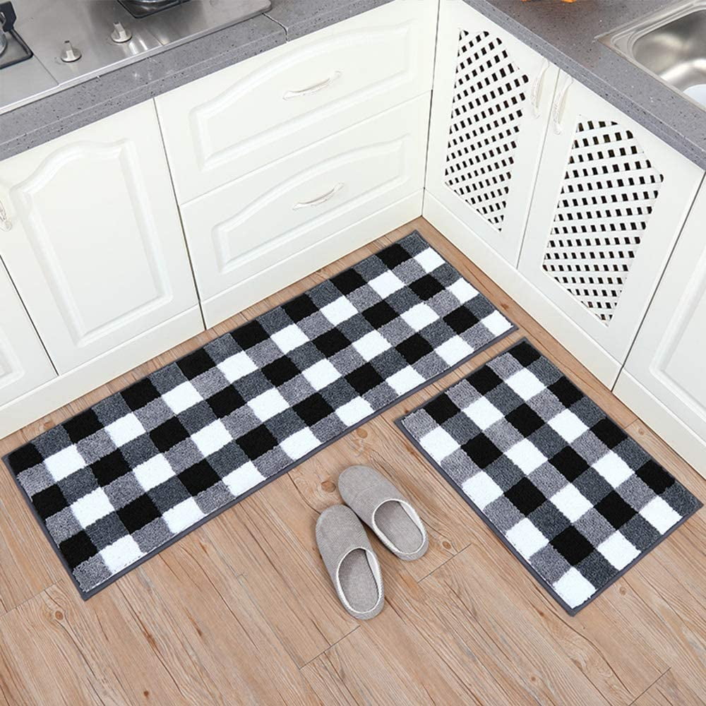 Carvapet 2 Pieces Buffalo Plaid Check Rug Set Water Absorb Microfiber Non-Slip  Kitchen Rug Bathroom Mat Checkered Doormat Carpet for Laundry, 17