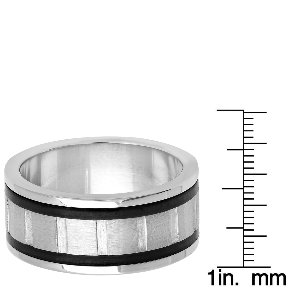 Steeltime Men's Stainless Steel Striped Ring Band with Black Ring Accents