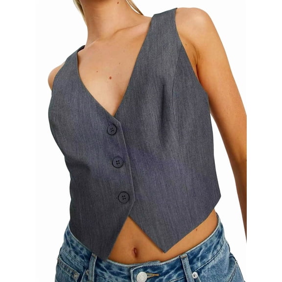 Women'S Business Button Up Sleeveless Vests V Neck Regular Fitted Jacket Waistcoat Gray L