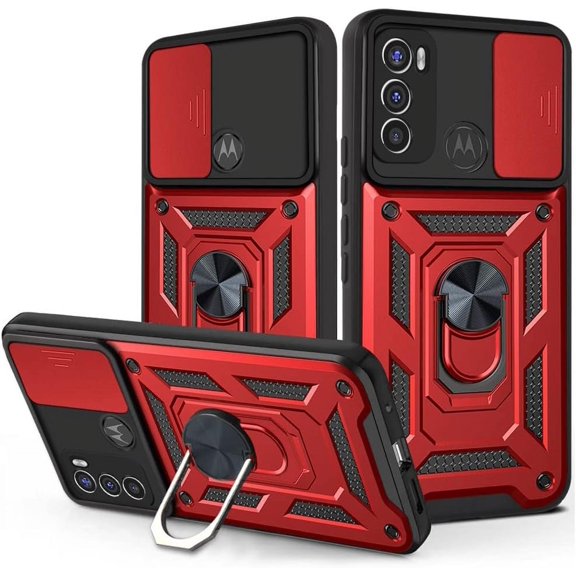 Sturdy Case for Motorola Edge X30/Edge 2022 with Slide Camera Window, Heavy Duty Military Grade Protection Phone Cover Built-in Rotate Ring Stand for Motorola Edge 2022/Edge X30 Red