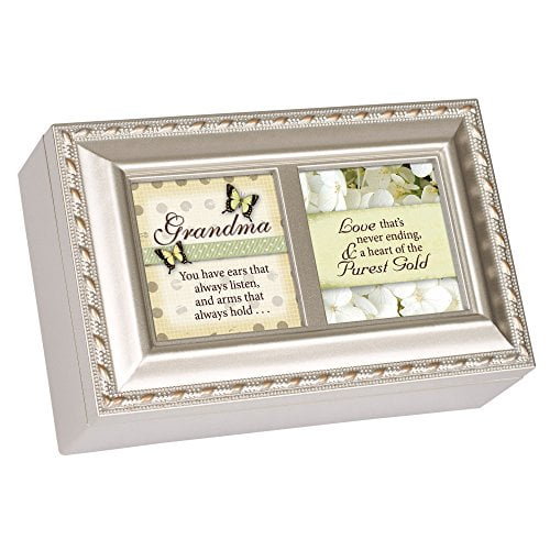 Cottage Garden Grandmother Love Never Ending Brushed Silvertone Jewelry Music Box Plays Amazing Grace