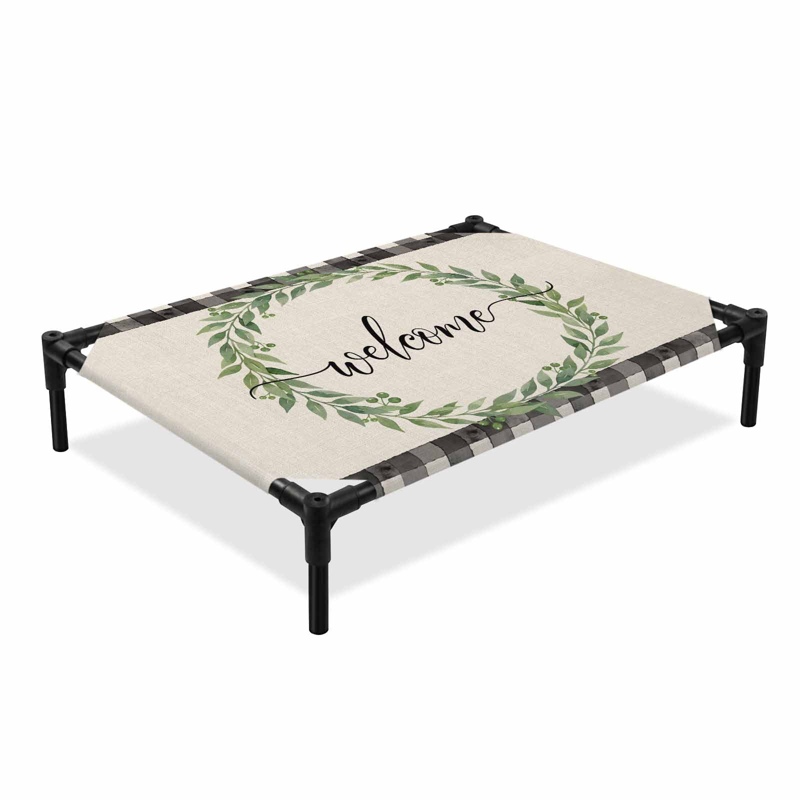 Welcome Elevated Dog Bed Vintage Leaf Wreath Linen Texture Black Plaid Border Cooling Breathable Outdoor Raised Dog Cot Bed with Metal Frame Non-Slip Feet for Large Dog 28x22in