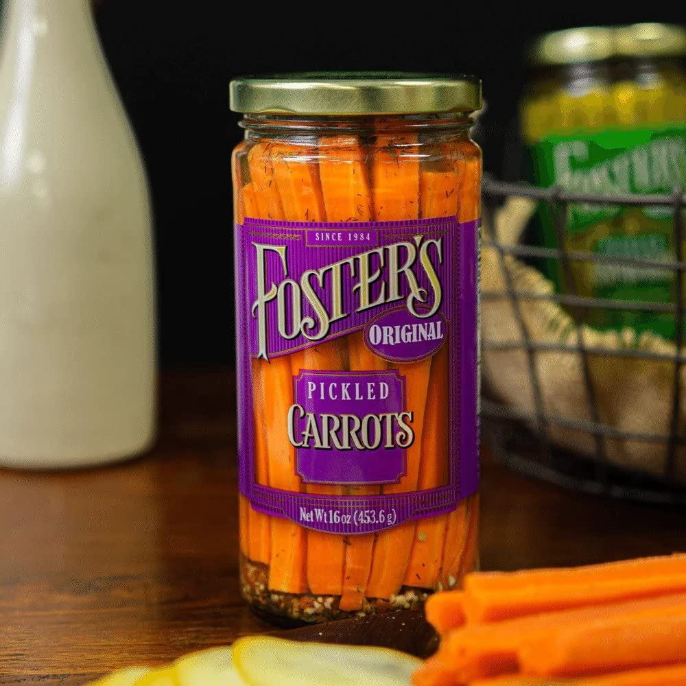 Foster's Pickled Carrots in a Jar, Original, 16oz, 2 Pack, Traditional Pickled Carrot Sticks Recipe for over 40 years, Low Calorie Snack, Gluten Free, Fat and Preservative Free
