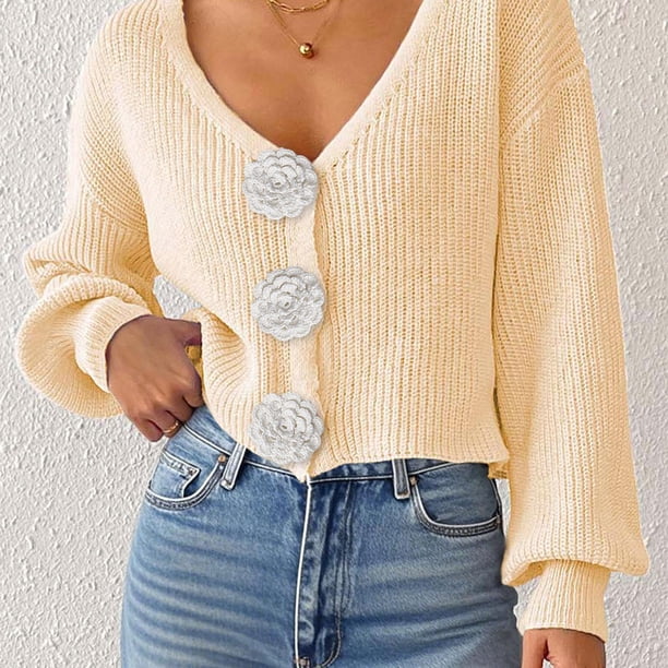 Suéter de cuello en V para mujer, cárdigan informal de moda con cuello en V y botones de manga larga, top de acrílico para mujer