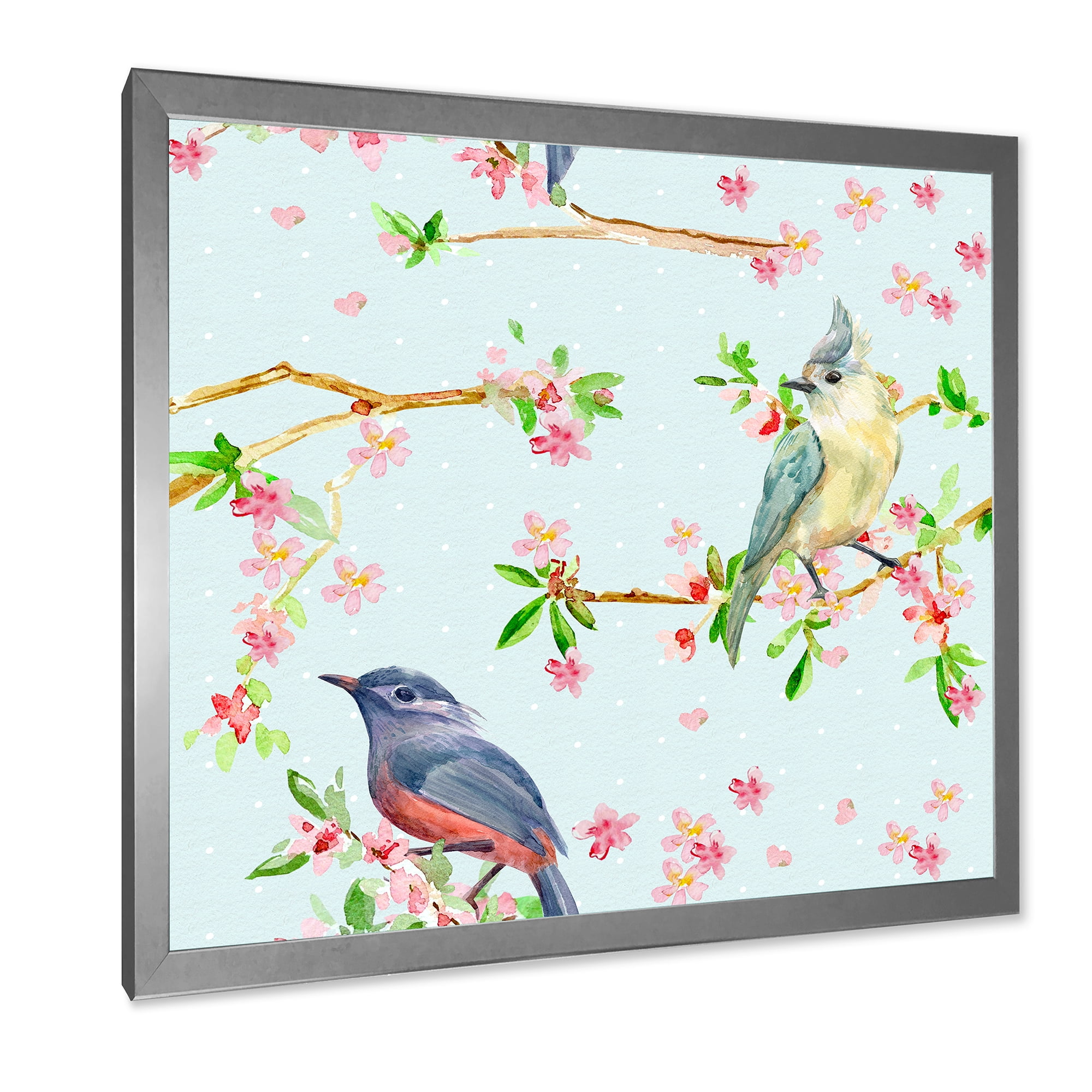 Designart 'Birds and Flowers Pattern In Blue' Traditional Framed Art Print