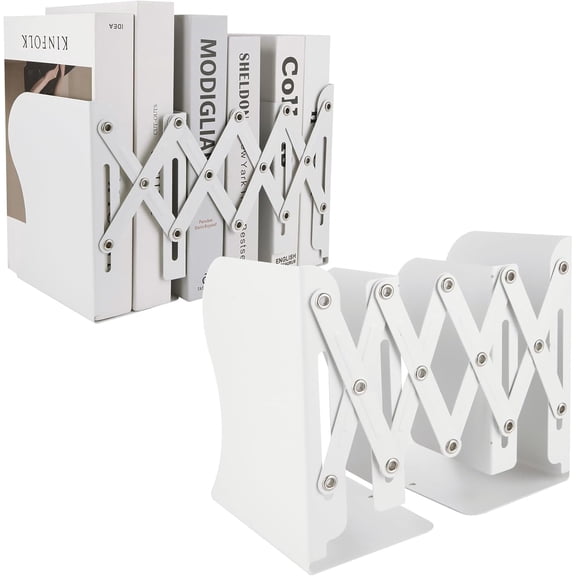 White Metal Bookends for Heavy Books – Adjustable Book Holder Extends up to 19 Inches, Heavy Duty Book Stopper for Shelves, Ideal for Home/School/Office