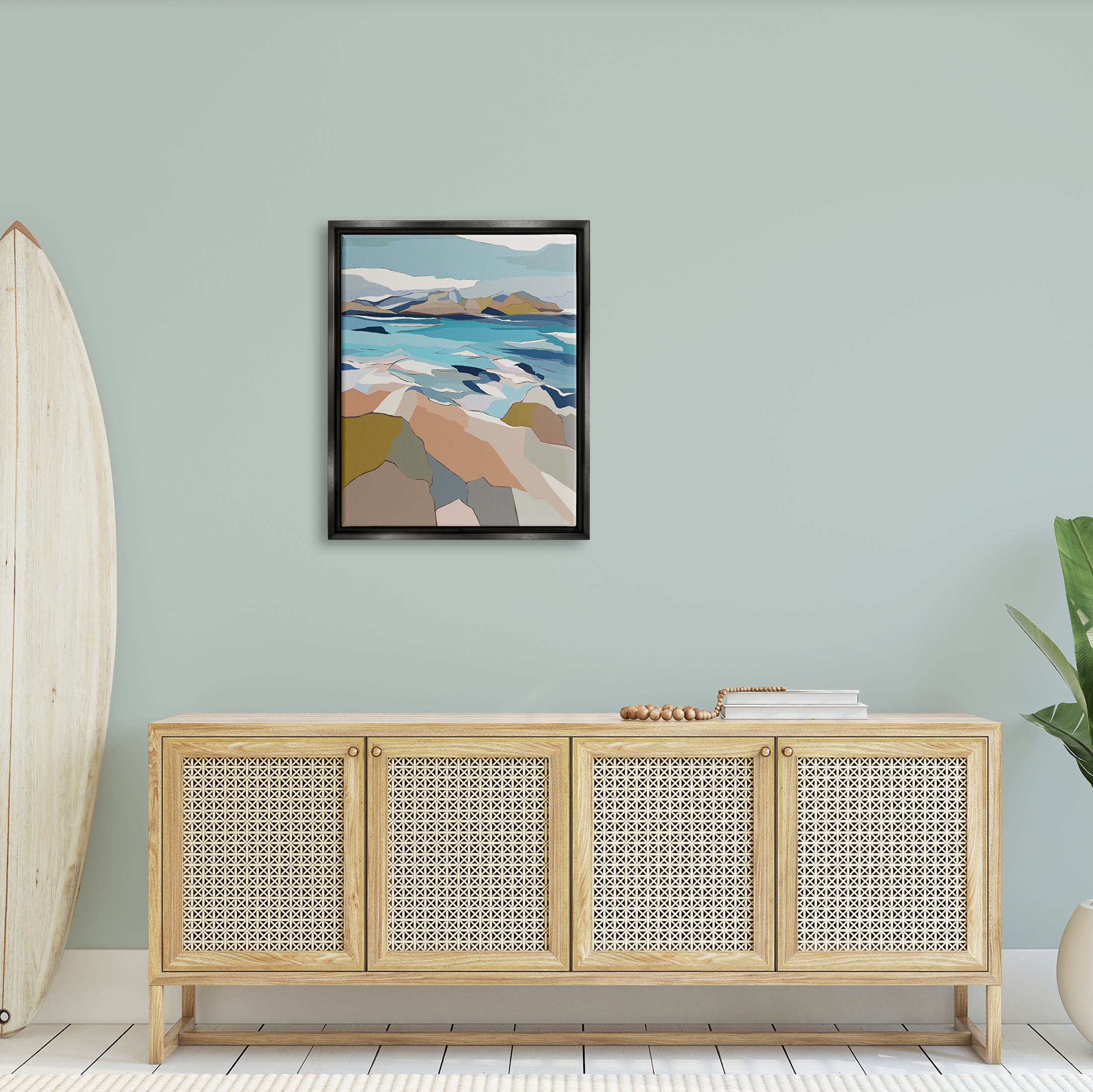 Stupell Industries Rocky Ocean Shore Beach Landscape Graphic Art Jet Black Floating Framed Canvas Print Wall Art, Design by Nikita Jariwala