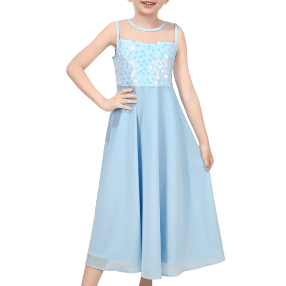 Sunny Fashion Girls Dress Pastel Blue Chiffon Sequin Wedding Concert Ballet Maxi Elegant Pageant 12 Years