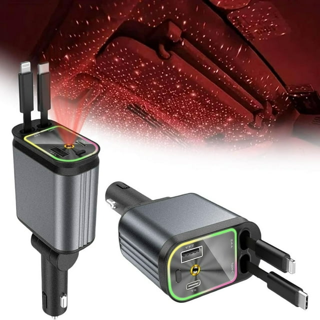CUITING Starlight 4 in 1 Retractable Car Charger - Dual Cable USB Charger for & Android - Night Light Feature - Ideal for Fast Charging on The Go (Yellow)