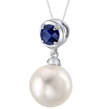 PEORA 10mm Freshwater Cultured Pearl and Created Blue Sapphire Pendant Necklace for Women 925 Sterling Silver, with 18 inch Chain