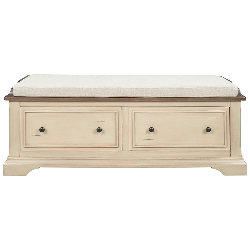 Lowestbest Collection Storage Bench, Solid Wood Shoe Bench with Two Large Drawers and Removable Cushion, Fully Assembled (Beige) Lowestbest Collection Storage Bench, Solid Wood Shoe Bench with Two Large Drawers and Removable Cushion, Fully Assembled (Beige)