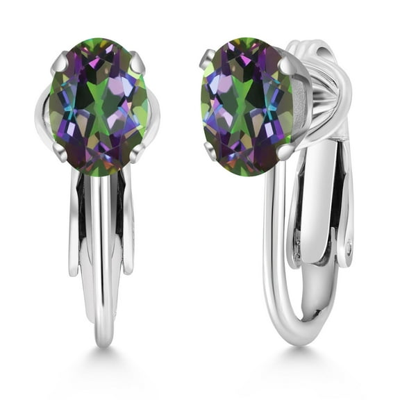 Gem Stone King 1.60 Cttw Oval Green Mystic Topaz 925 Sterling Silver Clip-On Earrings for Women | Oval 7X5MM