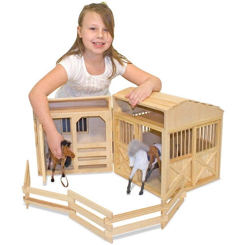 melissa & doug folding wooden horse stable dollhouse with fence