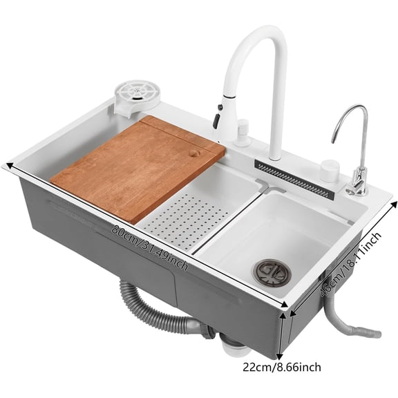 Undermount Kitchen Sink 304 Stainless Steel Single Bowl Sink with Faucet Under Mount Deep Sink Workstation with Chopping Board & Drain Basket (White)
