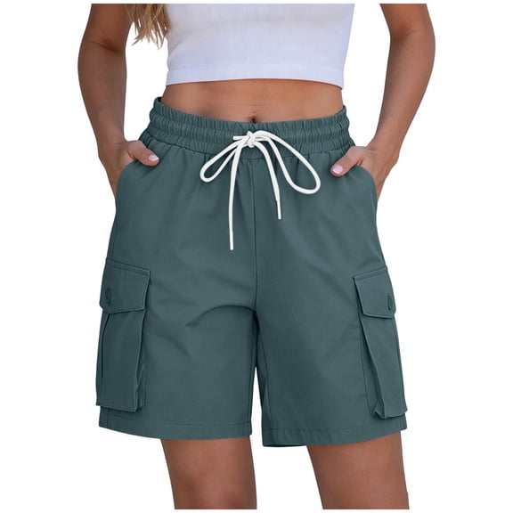 Qgtaibl Women's High Waist Utility Shorts Elastic Waisted Drawstring Casual Cargo Shorts with Multi Pockets Summer Loose Fit Breathable Outdoor Shorts Navy M
