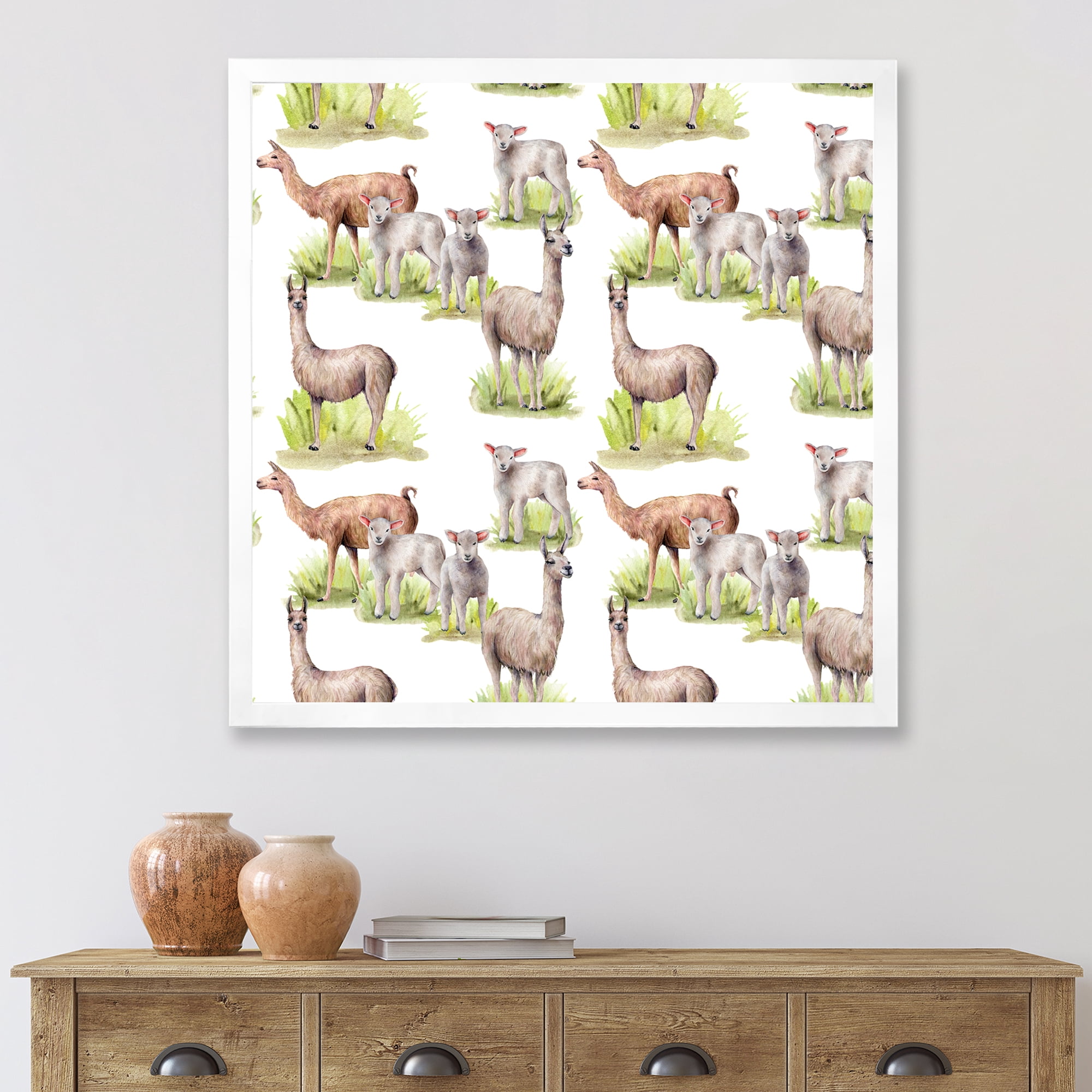 Designart 'Lambs and Lamas On A Green Meadow' Farmhouse Framed Art Print