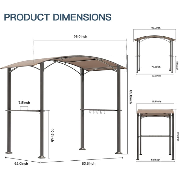 8 x 5 Grill Gazebo, Outdoor BBQ Canopy Shelter with Curved Sunshade Roof, Pavilion with 2 Side Shelves and 5 Side Hooks for Lawn Backyard Garden