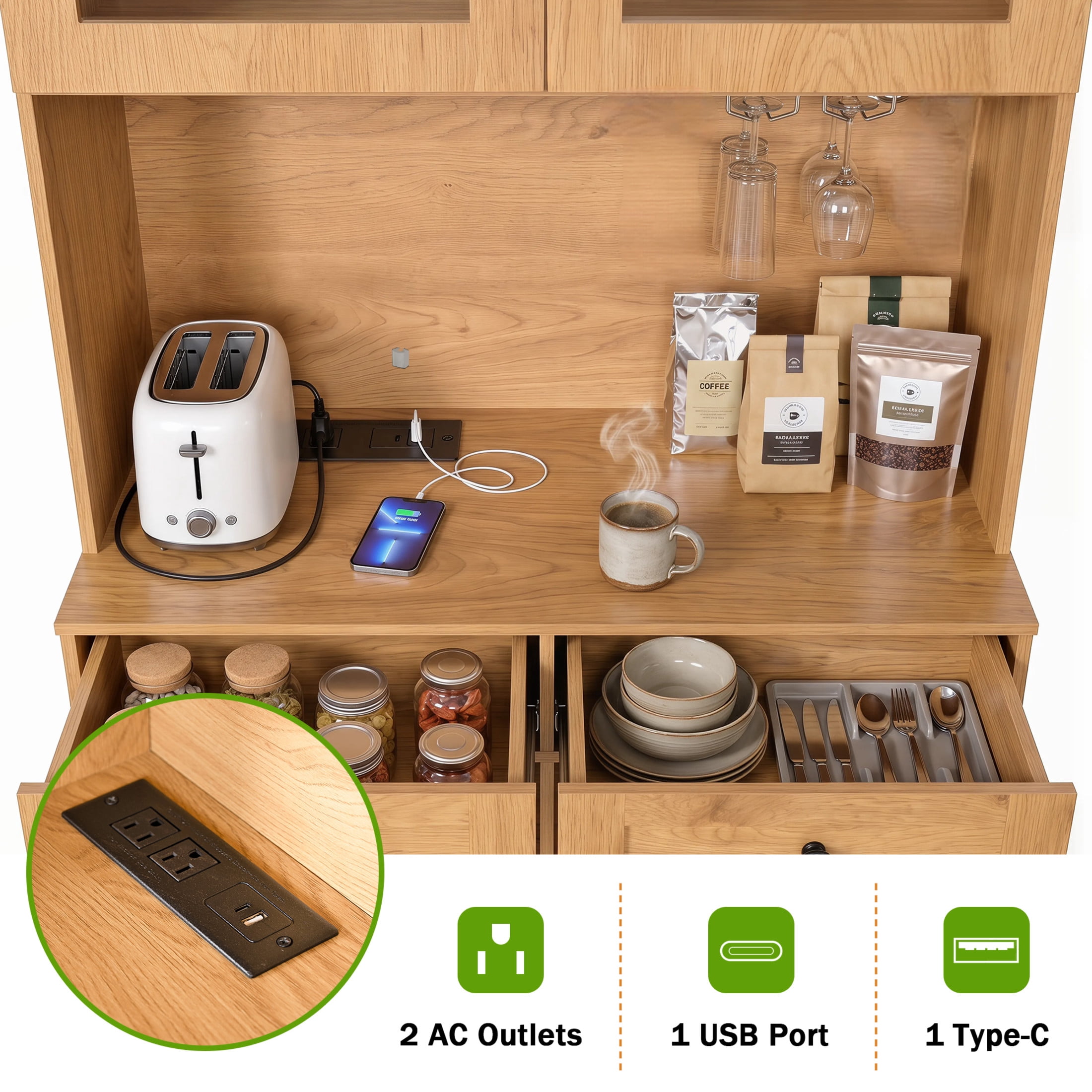 Noble House 74.8" Farmhouse Pantry Cabinet with Charging Station, Adjustable Shelves and Coffee Bar, Oak