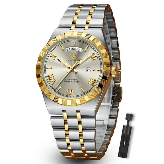 POEDAGAR Luxury Men's Waterproof Luminous Wrist Watch with Date Week Display Stainless Steel Strap
