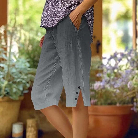 Makaor Long Shorts for Women with Pockets Button Mid Waist Straight Leg Long Short Elastic Waist Gradient Baggy Summer Outfits Black 2XL