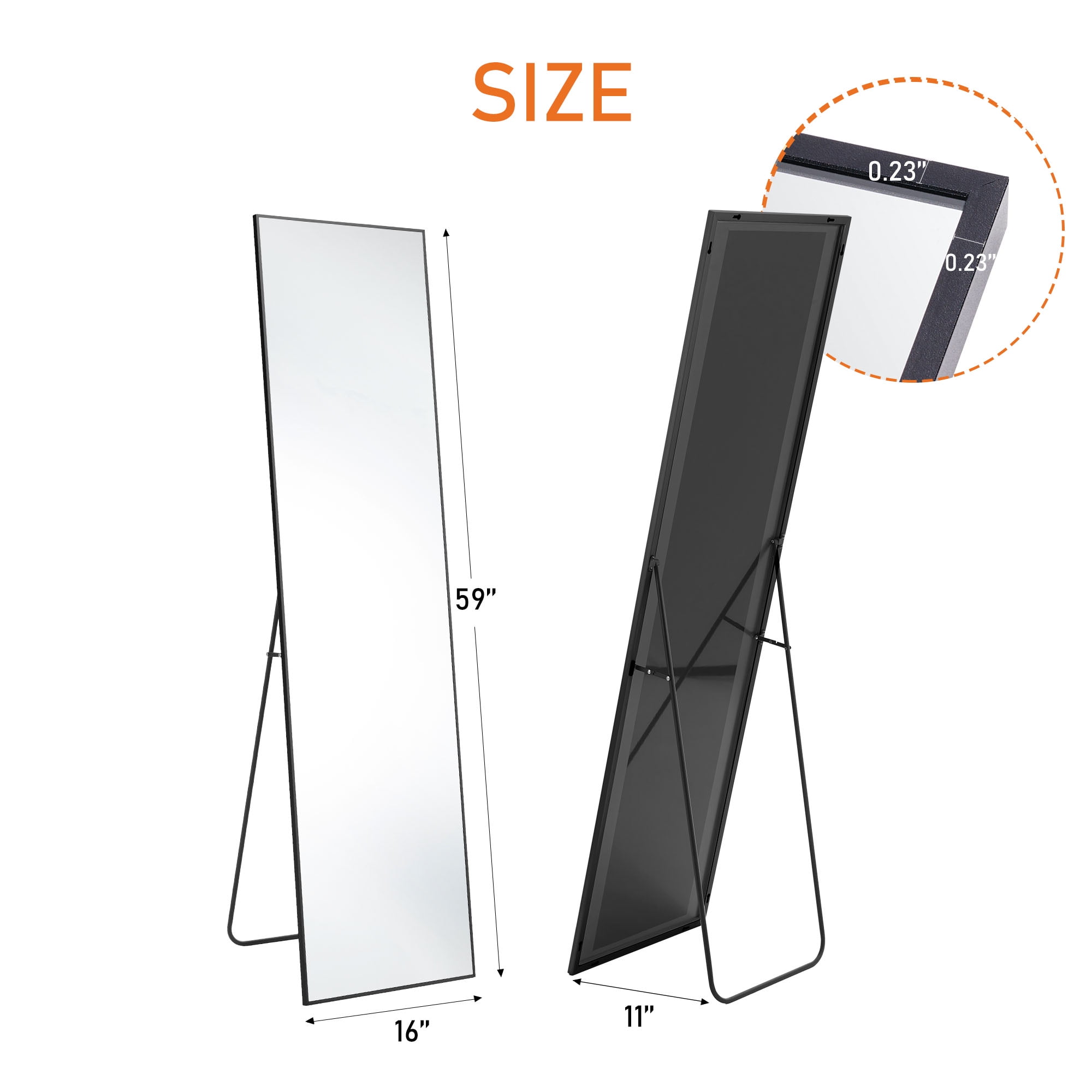 Gianna 59"x16" Full Length Rectangular Mirror Wall or Leaning Aluminum Alloy Frame with Stand Black
