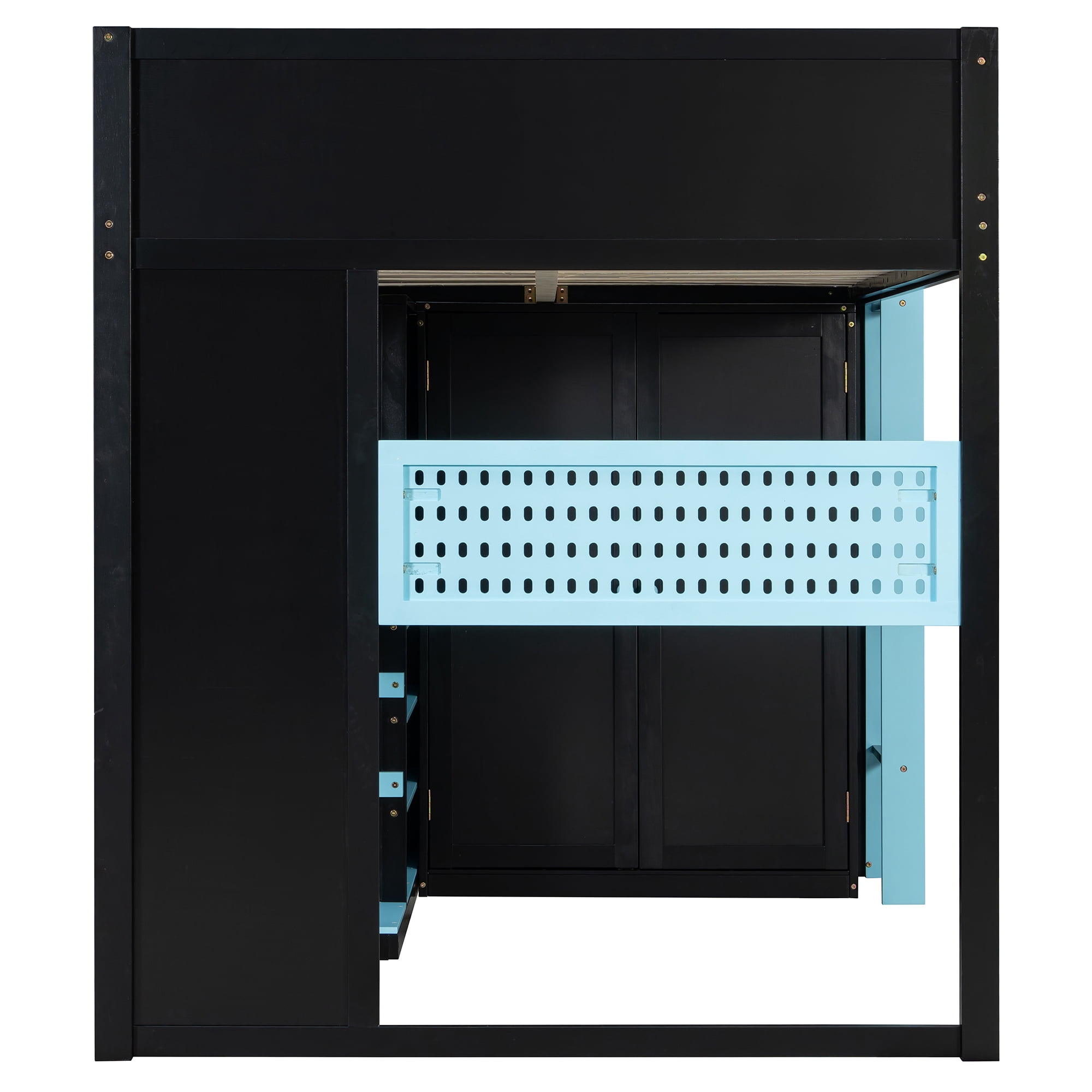 Mintazer Full Gaming Loft Bed with Adjustable Desk & Wardrobe, Modern Loft Bed with RGB Lights & Storage Pegboard, Black & Blue
