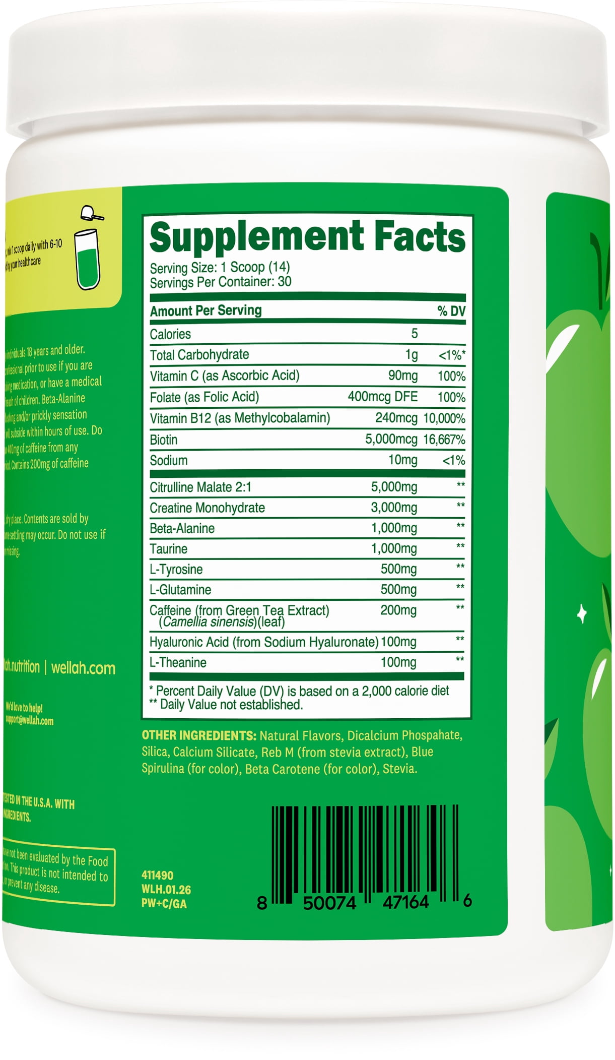 Wellah Pre-Workout + Creatine Powder (30 Servings) Green Apple - 200mg Caffeine, 3g Creatine Monohydrate, 5g Citrulline Malate, Pre-Workout with Creatine Supplement