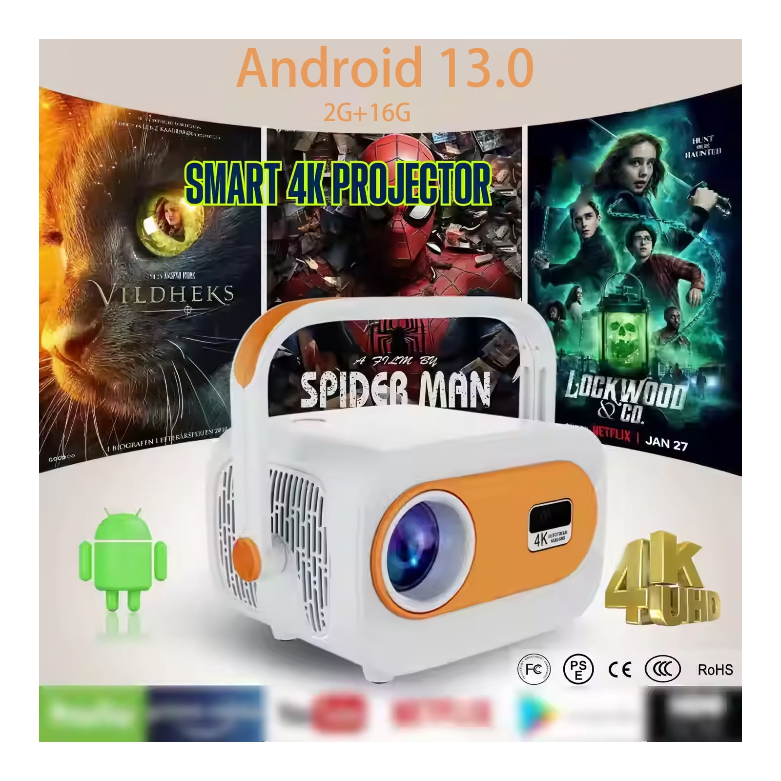 Gold Projector,600ANSI Native 1080P, 200''Video Projector,Auto Focus & Zoom, 5G Sync,Built-in Apps