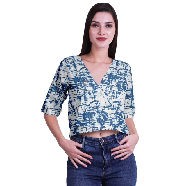 Moomaya Haut Court à Col en V en Coton Imprimé pour Femmes, Manches au Coude, Vêtement d'Été, Blouse Bohème