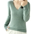 thumbnail image 3 of Fall Sweaters For Women Fashion Solid Color Loose Casual Base Knitted V Neck Green Pullover Winter Sweaters (XL), 3 of 5