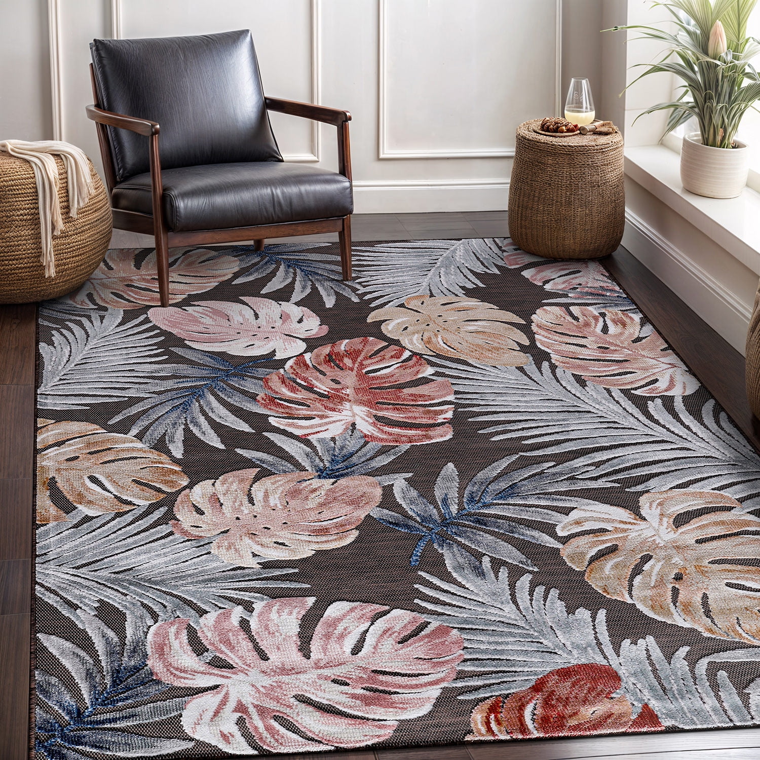 CAMILSON Spring Leaf Tropical Botanical Easy-Cleaning Non-Shedding Washable Outdoor Indoor Area Rug Brown 6x9