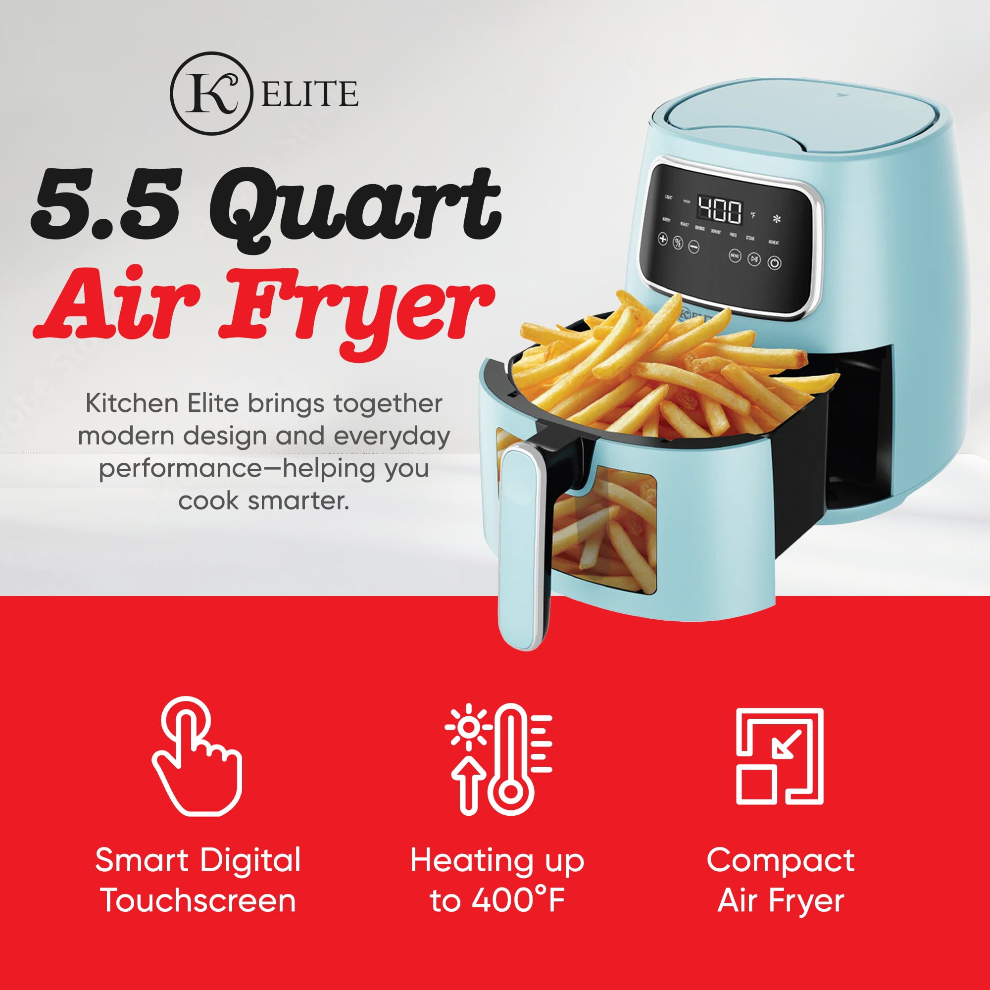 Kitchen Elite 5.5 Qt Digital Air Fryer, 7-in-1 Small Airfryer with LED Screen, Blue
