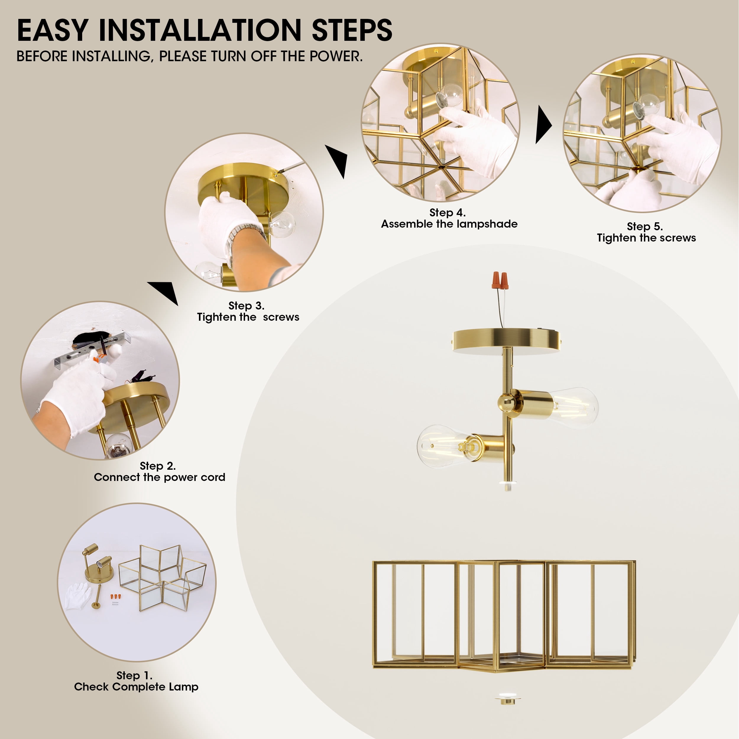 Meluaim Ceiling Light Fixture,  Flush Mount Ceiling Lamp with 2-Lights,Gold Hexagram Stra Shape, Brass Trim Craft
