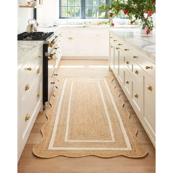 2x3 Jute Entryway Rug with Scalloped Boho, Handwoven Farmhouse Braided Design, White Stripe Pattern, Indoor Door Mat Decor