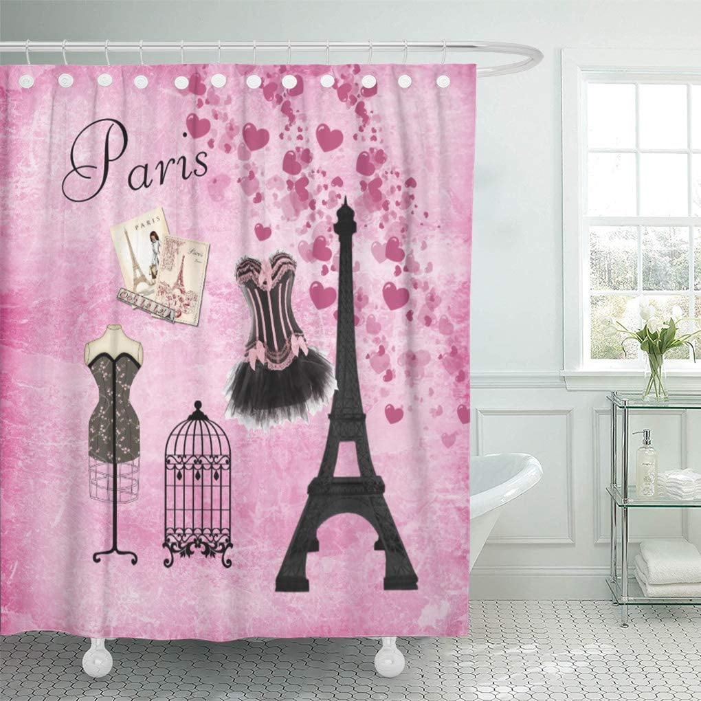 Details about   Retro Lettering Flowers Eiffel Tower Fabric Shower Curtain Set Bathroom Decor 
