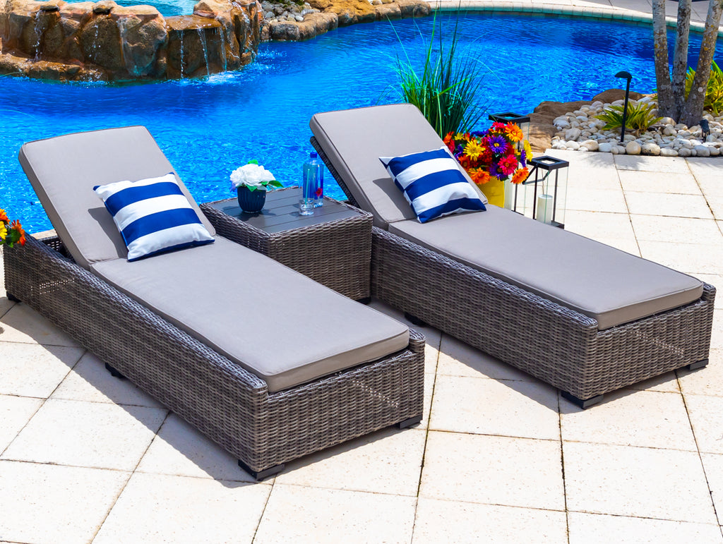 Tuscany 3-Piece Resin Wicker Outdoor Patio Furniture Chaise Lounge Set in Gray w/ Two Chaise Lounge Chairs and Side Table (Half-Round Gray Wicker, Polyester Light Gray) - image 1 of 7