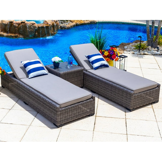 Tuscany 3-Piece Resin Wicker Outdoor Patio Furniture Chaise Lounge Set in Gray w/ Two Chaise Lounge Chairs and Side Table (Half-Round Gray Wicker, Polyester Light Gray)
