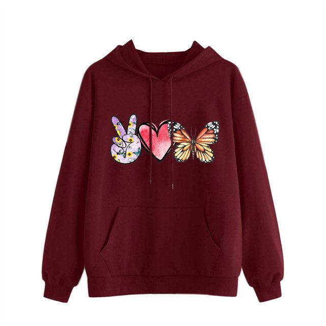 Gibobby Sudadera con capucha las mujeres imprimen la camisa sudadera hoodie pullover drawstring casual long manga blouse top (Vino, XXL)