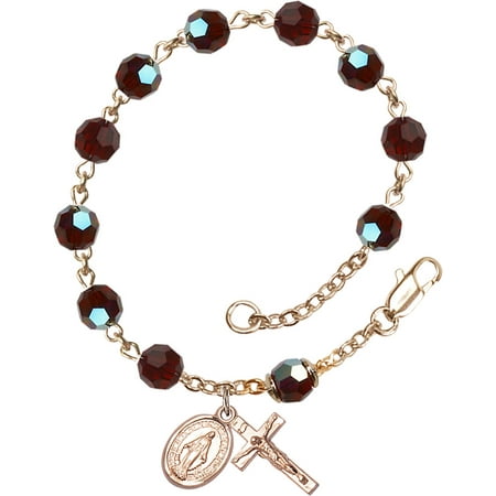 Square Swarovski Rosary Bracelet - All 14 KT Gold Catholic Rosary Bracelet with 6mm Garnet Swarovski and Austrian Tin Cut Aurora Borealis Beads