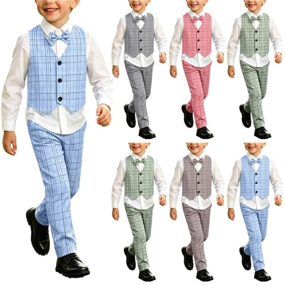 Lovzfmll 4-Piece Boy's Suit, Plaid Vest & Shirt & Pants & Hat, Formal Performance Wear for Toddler, 3-4 Years