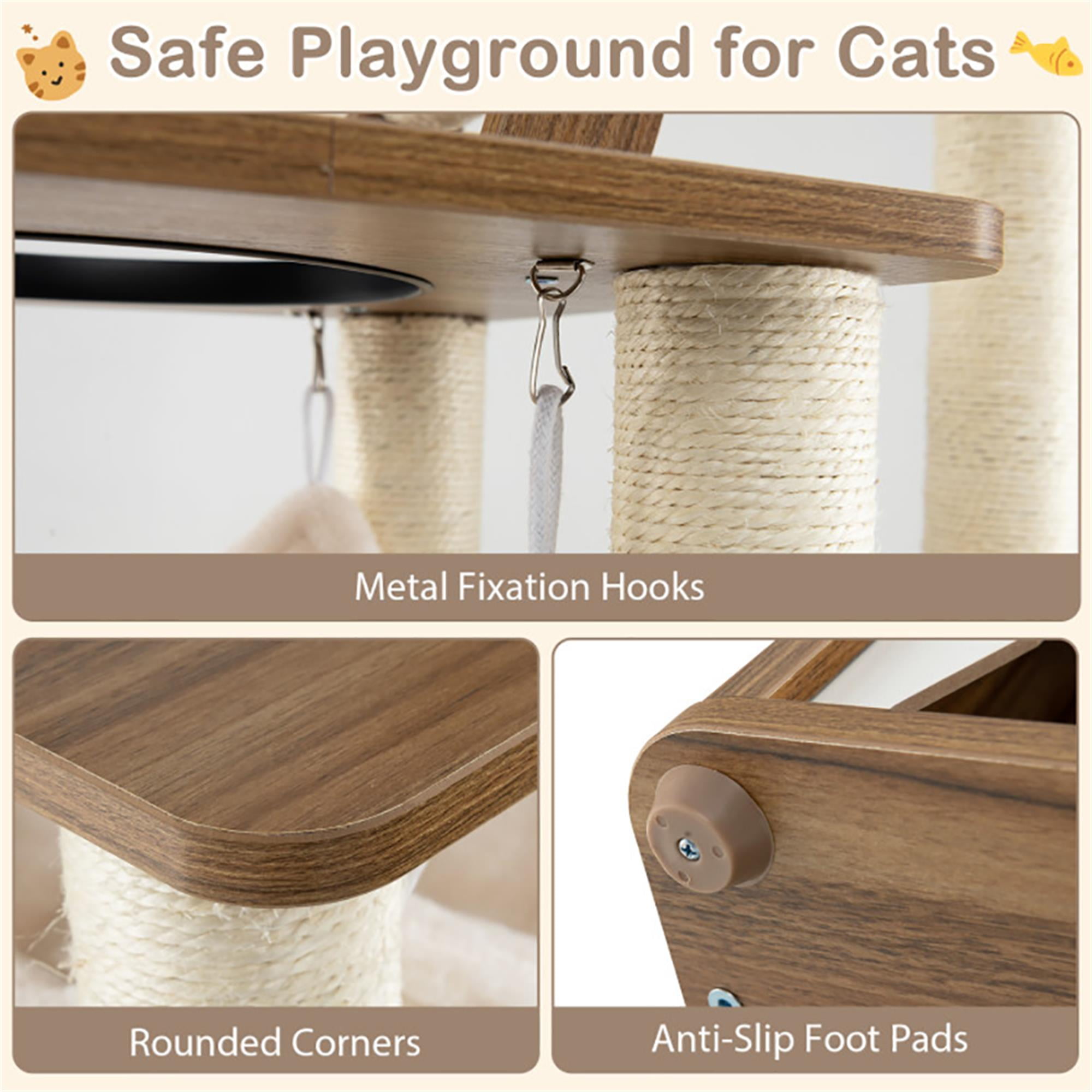 resenkos 57" Large Wooden Cat Tree Tower with Double Condos, Large Perch, Soft Hammock and Totally Wrapped Sisal Posts, Brown