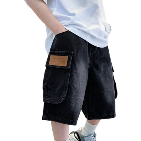 Hihipz Big Boys Cargo Bermuda Shorts Elastic Waist Leather Label Patch Twill Trousers Street Kids Bermuda Shorts
