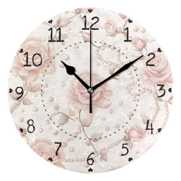 Roses and Pearl Vintage Round Wall Clock Silent Analog Battery Operated Black Pointer Home Decor 9.84" Diameter