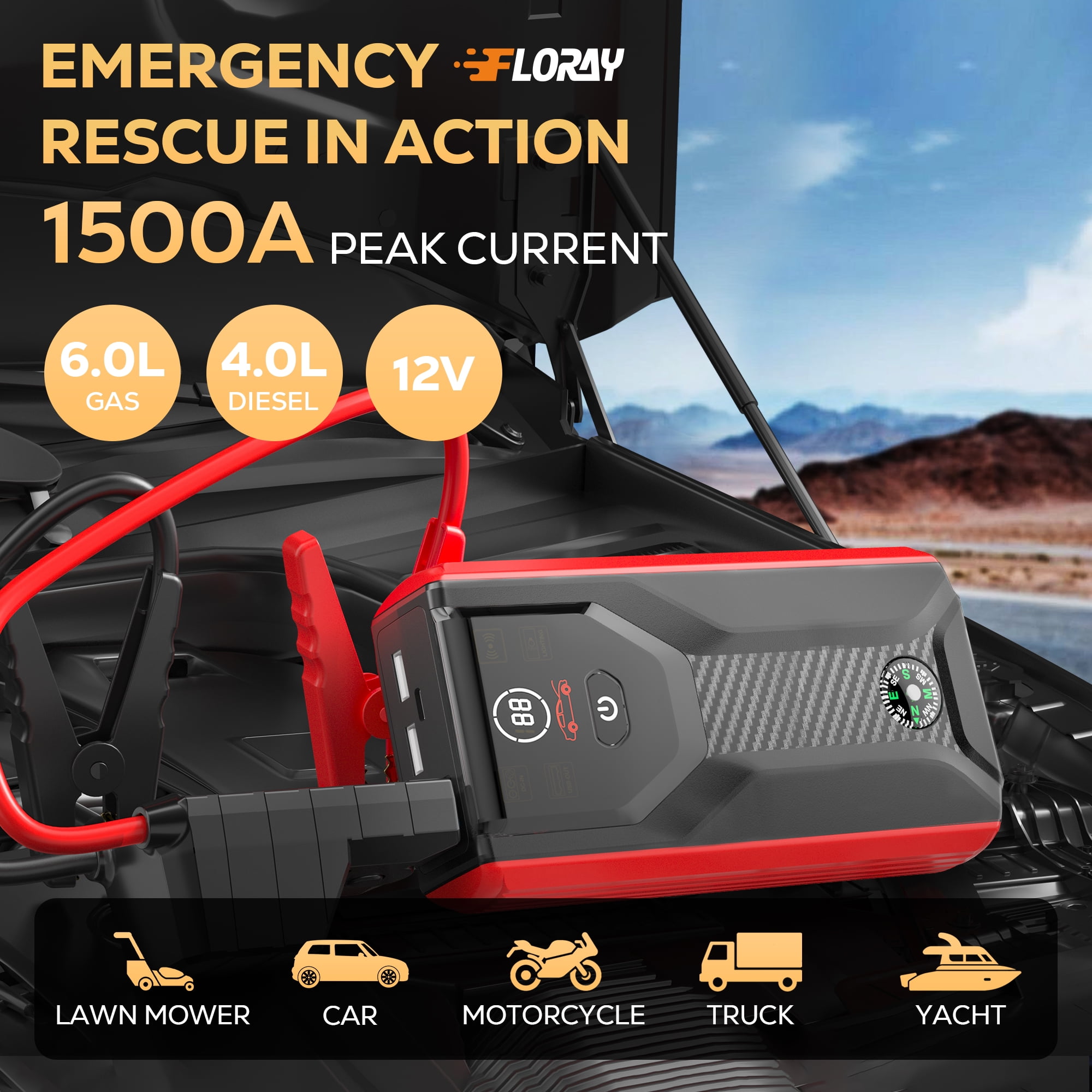 FLORAY Car Jump Starter Portable, 1500A Peak 12V Battery Jumper Pack, Jump Box Starter for Car & Battery Booster Power Bank, up to 6.0L Gas/4.0L Diesel