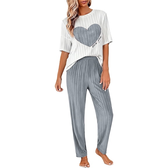 Valentine's Day Matching Pajamas for Couples Springs Women Pajama Sets Crew Neck Loungewear Women's Sleepwear Elbow Sleeve Womens Pjs Sets Light Blue