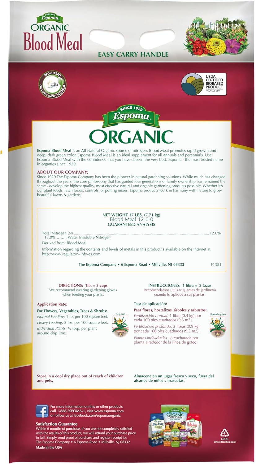 Espoma Organic Blood Meal Fertilizer 12-0-0 - Natural Plant Food - 17 lbs — Outdoor & Indoor Plant Use, Easy Application